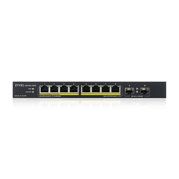 Фото PoE+ Zyxel GS1100-10HP, 8xGE PoE+, 2xSFP, настольный, бесшумный, бюджет PoE 130 Вт, Kensigton lock