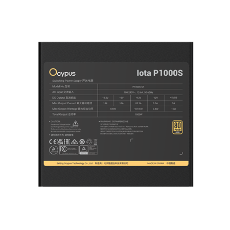 Фото Ocypus Iota P1000S, 1000W, APFC, 80+ Gold, ATX 3.1, Fully Modular, 120mm Fan, Taiwan capacitors (P1000S-GF)