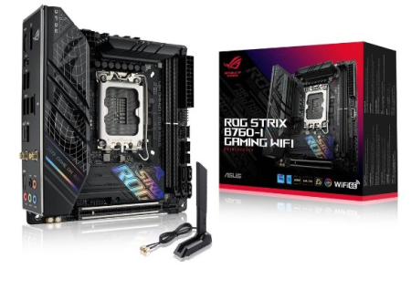 Фото ASUS ROG STRIX B760-I GAMING WIFI, LGA1700, B760, 2*DDR5, 4*SATA, 2*M.2, 3*USB 3.2, 3*USB 2.0, Type-C, 1*PCIx16, DP+HDMI, mITX; 90MB1D90-M1EAY0