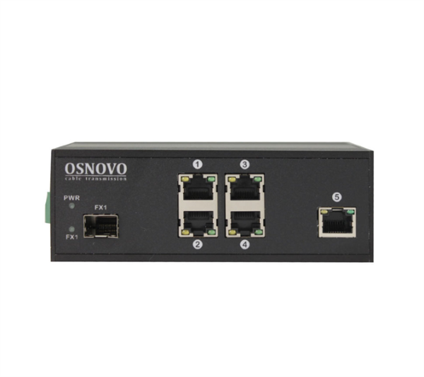 Фото OSNOVO SW-40501/IC Промышленный PoE коммутатор Fast Ethernet на 6 портов. Порты: 4 x FE (10/100Base-T) с PoE (до 30W) + 1 x FE (10/100Base-T) + 1 x FE SFP (100Base-X). Вход для резервного питания. Вст