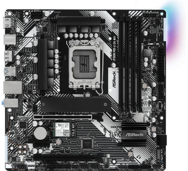 Фото ASROCK B760M PRO-A/D4 WIFI, LGA1700, B760, 4*DDR4, 4*SATA, 2*M.2, 3*USB 3.2, 2*USB 2.0, Type-C, 2*PCIx16, 1*PCIx1, 1*M.2 (Key E), HDMI+DP, mATX