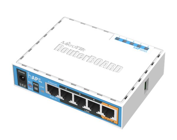 MikroTik hAP ac lite with 650MHz CPU, 64MB RAM, 5xLAN, built-in 2.4Ghz 802.11b/g/n two chain wireless with integrated antennas, built-in 5Ghz 802.11ac single chain wireless with integrated antenna, U