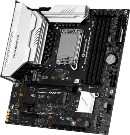 Фото MAXSUN MS-Terminator B760M D5 V2, LGA1700, B760, 4*DDR5, 4*SATA3, 3*M.2, 2*USB 3.2, 3*USB 2.0, 1*PCIEx16, 1*PCIEx4, 1*PCIEx1, DP+HDMI, mATX