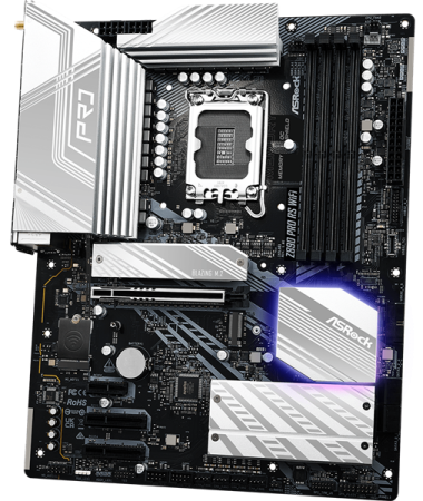 Фото ASROCK Z890 PRO RS WIFI, LGA1851, Z890, 4*DDR5, 4*SATA, 4*M.2, 3*USB 3.2, 4*USB 2.0, 2*Type-C, 1*PCIx16, 2*PCIx4, 1*M.2 (Key E), HDMI+DP, ATX