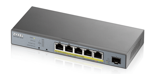 Smart L2 коммутатор PoE+ для IP-видеокамер Zyxel NebulaFlex Pro GS1350-6HP, 4xGE PoE+, 1xGE PoE++ (802.3bt), 1xSFP, бюджет PoE 60 Вт, питание до 250м, автоперезагрузка PoE-портов