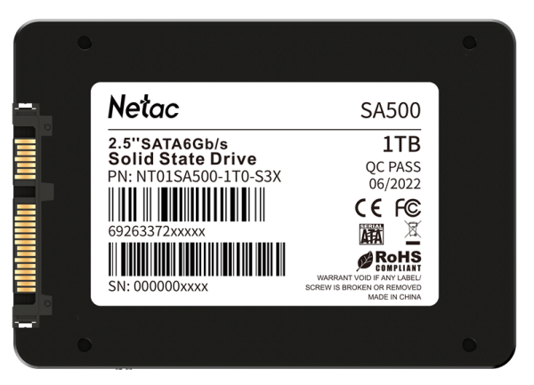 Фото Netac SSD SA500 1TB 2.5 SATAIII 3D NAND, R/W up to 530/475MB/s, TBW 480TB, 3y wty