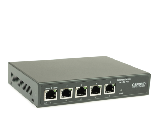 OSNOVO SW-5D-1(60W) PoE коммутатор 2.5G Ethernet на 5 RJ45 портов. Порты: 1 x 2.5G (10/100/1000/2500Base-TX) с PoE (до 60W, A+B) + 3 x 2.5G (10/100/1000/2500Base-TX) с PoE (до 30W), 1 x 2.5G (10/100/1