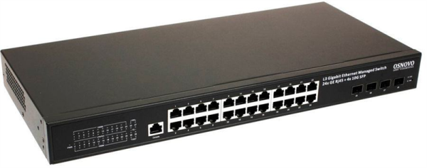 OSNOVO SW-24G4X-L2 Управляемый L2+ коммутатор Gigabit Ethernet на 28 портов. Порты: 24 x GE (10/100/1000Base-T) + 4 x 1G/10G SFP+ Uplink. Консольный порт, Уровень управления L2+. Поддержка Jumbo Frame