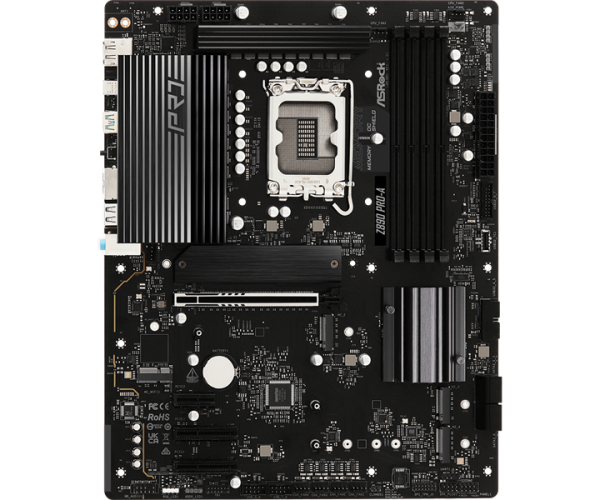 Фото ASROCK Z890 PRO-A, LGA1851, Z890, 4*DDR5, 4*SATA, 4*M.2, 4*USB 3.2, 4*USB 2.0, Type-C, 1*PCIx16, 2*PCIx4, 1*M.2 (Key E), HDMI+DP, ATX