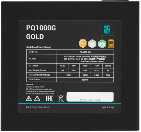 Фото Deepcool GAMERSTORM PQ1000G (ATX 3.1, 1000W, Full Cable Management, PWM 120mm fan, 80+ GOLD, Active PFC + Half Bridge + DC/DC, Full Japanese Capasitors, Gen5 PCIe) RET (R-PQA00G-FD0B-WGEU-V1)