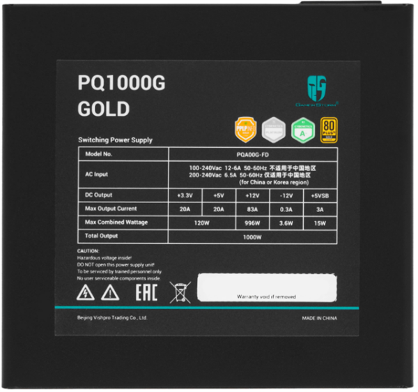 Фото Deepcool GAMERSTORM PQ1000G (ATX 3.1, 1000W, Full Cable Management, PWM 120mm fan, 80+ GOLD, Active PFC + Half Bridge + DC/DC, Full Japanese Capasitors, Gen5 PCIe) RET (R-PQA00G-FD0B-WGEU-V1)