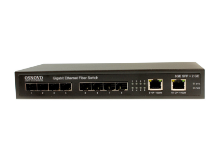 Фото OSNOVO SW-7028 Коммутатор Gigabit Ethernet на 8 SFP + 2 RJ45 портов. Порты: 8 x GE SFP (1000Base-FX), 2 x GE (10/100/1000Base-T). Поддержка режима изоляции портов (VLAN). В комплекте БП DC12V (2A). Ра
