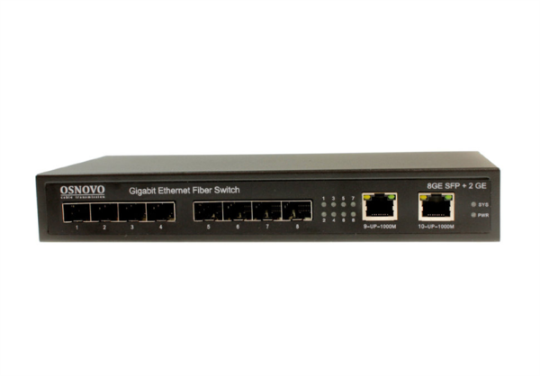 Фото OSNOVO SW-7028 Коммутатор Gigabit Ethernet на 8 SFP + 2 RJ45 портов. Порты: 8 x GE SFP (1000Base-FX), 2 x GE (10/100/1000Base-T). Поддержка режима изоляции портов (VLAN). В комплекте БП DC12V (2A). Ра