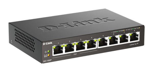Фото D-Link Неуправляемый PoE-коммутатор, 8x1000Base-T (4x1000Base-T PoE), PoE-бюджет 80 Вт, корпус металл