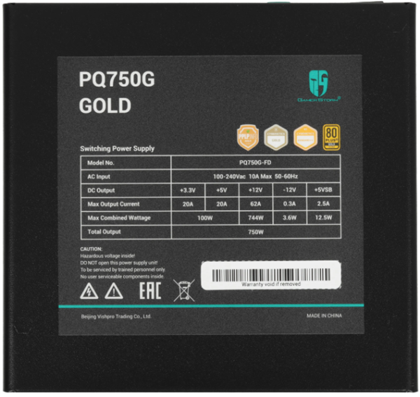 Фото Deepcool GAMERSTORM PQ750G (ATX 3.1, 750W, Full Cable Management, PWM 120mm fan, 80+ GOLD, Active PFC + Half Bridge + DC/DC, Full Japanese Capasitors, Gen5 PCIe) RET (R-PQ750G-FD0B-WGEU-V1)