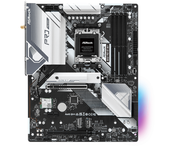 Фото ASROCK B650 PRO RS WIFI, AM5, B650, 4*DDR5, 4*SATA, 3*M.2, 3*USB 3.2, 6*USB 2.0, Type-C, 2*PCIx16, 1*PCIx1, 1*M.2 (Key E), HDMI+DP, ATX