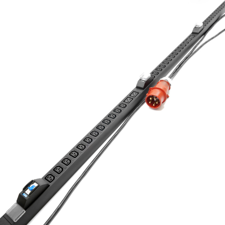 Фото Блок розеток HIDEN трехфазный вертикальный, 36 розеток С13, 6 розеток С19, 16A, авт. выкл. (3х16А), кабель питания 3м (5х2,5мм2) с вилкой IEC 60309