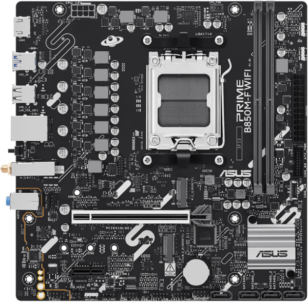 Фото ASUS PRIME B850M-F WIFI, AM5, B850, 2*DDR5, 4*SATA, 2*M.2, 4*USB 3.2, 4*USB 2.0, 3*PCIx16, 2*PCIx1, DP+HDMI, mATX; 90MB1N80-M0EAY0