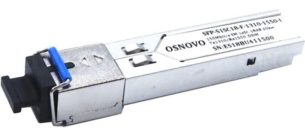OSNOVO SFP-S1SC18-F-1310-1550-I Оптический SFP Модуль промышленный. Одно волокно Single Mode. Скорость: до 155 мбит/c. Тип разъема: SC. Оптический бюджет: 18дБ. Расстояние передачи - до 20км. Рабочая