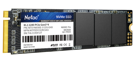 Фото Netac SSD N930E Pro 512GB PCIe 3 x4 M.2 2280 NVMe 3D NAND, R/W up to 2080/1700MB/s, IOPS(R4K) 200K/200K, TBW 300TB, 3y wty