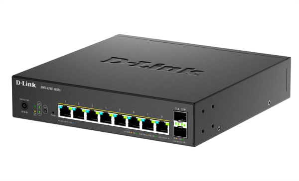Фото D-Link Управляемый L2 PoE-коммутатор, 8x2.5GBase-T PoE (2 порта PoE 802.3bt 60 Вт), 2x10GBase-X SFP+, PoE-бюджет 120 Вт, защита от статического электричества до 6 кВ, CLI
