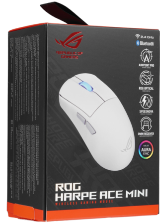 Фото ASUS ROG HARPE ACE MINI, 49g, 2.4GHz RF, Bluetooth 5.1, 36K DPI sensor, 5 Programmable Buttons, White