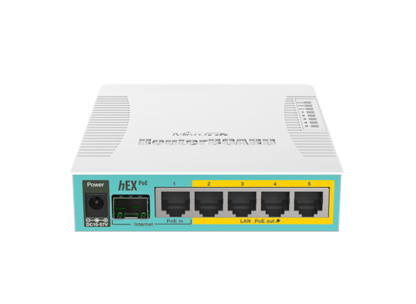 Фото MikroTik hEX PoE with 800MHz CPU, 128MB RAM, 5x Gigabit LAN (four with PoE out), SFP, USB, RouterOS L4, plastic case and PSU