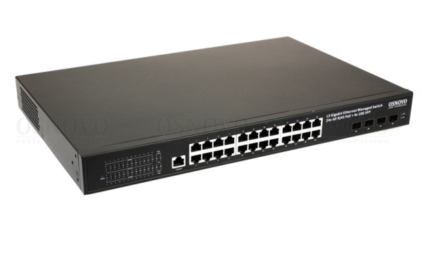 OSNOVO SW-24G4X-1L Управляемый L3 PoE коммутатор на 24xGE RJ-45 c PoE + 4х10G SFP+ порта. Порты: 2 x GE (10/100/1000 Base-T) с PoE (до 90W, A+B) + 22 x GE (10/100/1000 Base-T) с PoE (до 30W), 4 x 1G/
