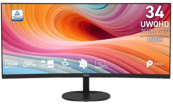 MSI PRO MP341CQ E12 34" 21:9 UWQHD(3440x1440) VA Curve1500R, 1ms(MPRT), 3500:1,100M:1,300nit,178/178,2xHDMI 2.0,DP 1.4a,Tilt,Speaker,VESA,120Hz,Black,1y w-ty