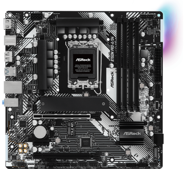 Фото ASROCK B760M PRO-A/D4, LGA1700, B760, 4*DDR4, 4*SATA, 2*M.2, 3*USB 3.2, 2*USB 2.0, Type-C, 2*PCIx16, 1*PCIx1, 1*M.2 (Key E), HDMI+DP, mATX