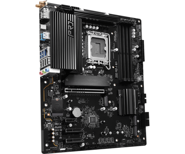 Фото ASROCK Z890 PRO-A WIFI, LGA1851, Z890, 4*DDR5, 4*SATA, 4*M.2, 4*USB 3.2, 4*USB 2.0, Type-C, 1*PCIx16, 2*PCIx4, 1*M.2 (Key E), HDMI+DP, ATX