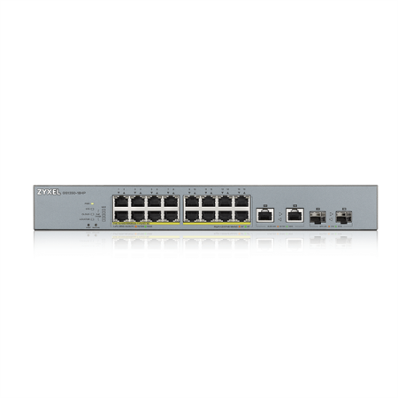 Фото Smart L2 PoE+ для IP-видеокамер Zyxel NebulaFlex Pro GS1350-18HP, rack 19", 16xGE PoE+, 2xCombo (SFP/RJ-45), бюджет PoE 250 Вт, питание до 250м, автоперезагрузка PoE-портов