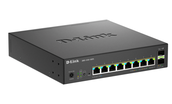 Фото D-Link Управляемый L2 PoE-коммутатор, 8x2.5GBase-T PoE (2 порта PoE 802.3bt 60 Вт), 2x10GBase-X SFP+, PoE-бюджет 120 Вт, защита от статического электричества до 6 кВ, CLI