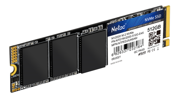 Фото Netac SSD NV2000 512GB PCIe 3 x4 M.2 2280 NVMe 3D NAND, R/W up to 2500/1950MB/s, IOPS(R4K) 130K/250K, TBW 300TB, 5y wty