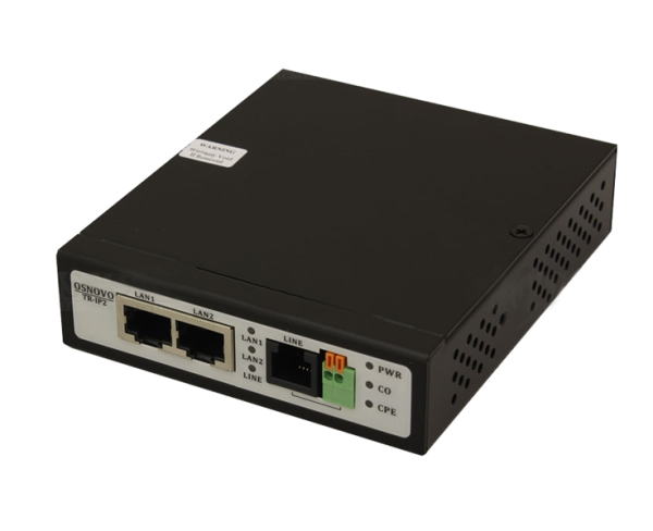 OSNOVO TR-IP2 Удлинитель Ethernet (VDSL) на 2 порта до 3000м (необходимо 2 устройства). Скорость передачи 90Мбит/с (300м), 56Мбит/с (600м), 30Мбит/с (900м), 16Мбит/с (1500м), 14Мбит/с (2000м), 8Мбит/с