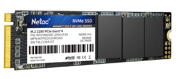 Фото Netac SSD N930E Pro 256GB PCIe 3 x4 M.2 2280 NVMe 3D NAND, R/W up to 2040/1270MB/s, IOPS(R4K) 150K/180K, TBW 150TB, 3y wty