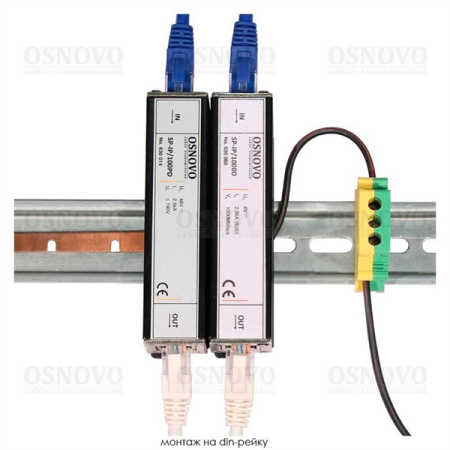 Фото OSNOVO SP-IP/1000PD Устройство грозозащиты для локальной вычислительной сети (скорость до 1000 Мбит/с) с защитой линий PoE (af/at, методы A + B, контакты 1/2, 3/6, 4/5, 7/8). Двухступенчатая защита. М
