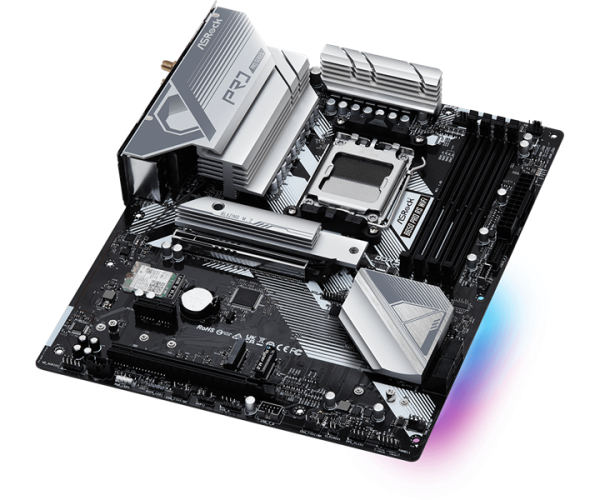 Фото ASROCK B650 PRO RS WIFI, AM5, B650, 4*DDR5, 4*SATA, 3*M.2, 3*USB 3.2, 6*USB 2.0, Type-C, 2*PCIx16, 1*PCIx1, 1*M.2 (Key E), HDMI+DP, ATX