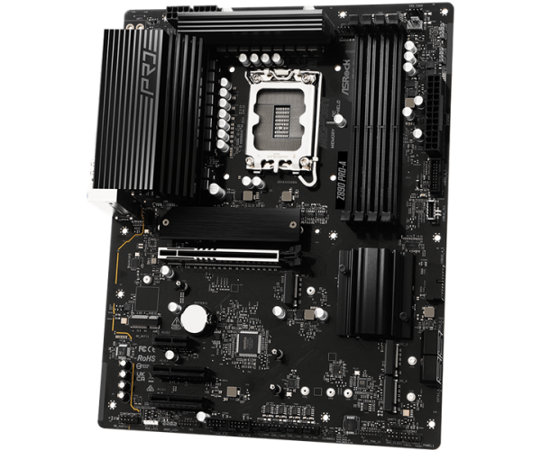 Фото ASROCK Z890 PRO-A, LGA1851, Z890, 4*DDR5, 4*SATA, 4*M.2, 4*USB 3.2, 4*USB 2.0, Type-C, 1*PCIx16, 2*PCIx4, 1*M.2 (Key E), HDMI+DP, ATX