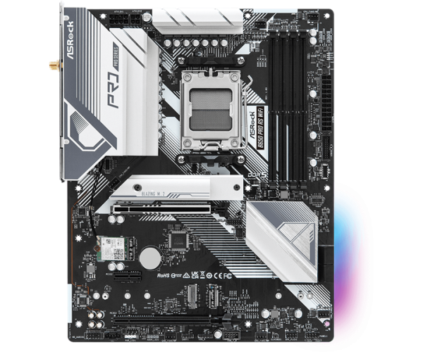 Фото ASROCK B650 PRO RS WIFI, AM5, B650, 4*DDR5, 4*SATA, 3*M.2, 3*USB 3.2, 6*USB 2.0, Type-C, 2*PCIx16, 1*PCIx1, 1*M.2 (Key E), HDMI+DP, ATX