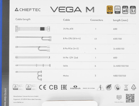 Фото Chieftec Vega M PPG-850-C (ATX 3.1, 850W, 80 PLUS GOLD, Active PFC, 135mm fan, Gen5 PCIe, Full Cable Management) Retail