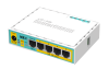 MikroTik hEX PoE lite with 650MHz CPU, 64MB RAM, 5xLAN (four with PoE out), USB, RouterOS L4, plastic case and PSU