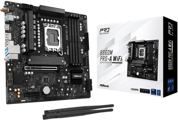 ASROCK B860M PRO-A WIFI, LGA1851, B860, 4*DDR5, 4*SATA, 4*M.2, 6*USB 3.2, 2*USB 2.0, Type-C, 2*PCIx16, 1*M.2 (Key E), HDMI+DP, mATX