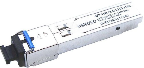 OSNOVO SFP-S1SC13-G-1310-1550 Оптический SFP Модуль. Одно волокно Single Mode. Скорость: до 1,25 Гбит/c. Тип разъема: SC. Оптический бюджет: 13дБ. Расстояние передачи - до 20км. Рабочая длина волны,нм