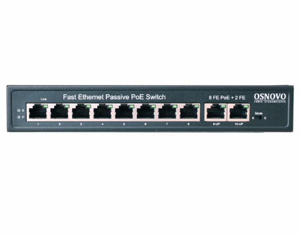 Фото OSNOVO SW-21000/A(120W) Passive PoE коммутатор Fast Ethernet на 10 портов. Порты: 8 х FE (10/100 Base-T, 52V 4,5(+) 7,8(–)) совместимы с PoE (IEEE 802.3af/at), 2 x FE (10/100 Base-T) Uplink. Совместим