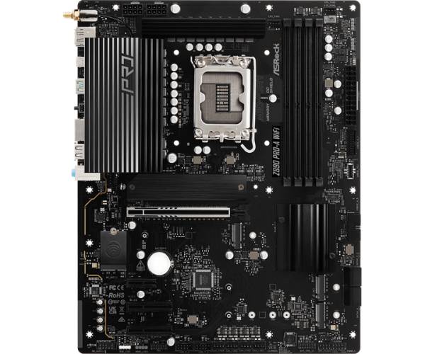 Фото ASROCK Z890 PRO-A WIFI, LGA1851, Z890, 4*DDR5, 4*SATA, 4*M.2, 4*USB 3.2, 4*USB 2.0, Type-C, 1*PCIx16, 2*PCIx4, 1*M.2 (Key E), HDMI+DP, ATX