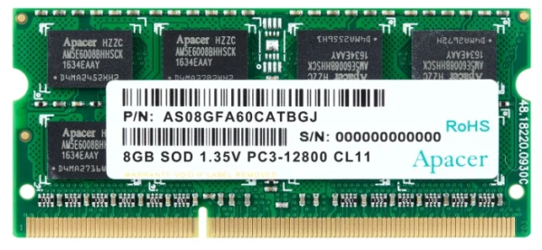Apacer DDR3 8GB 1600MHz SO-DIMM (PC3-12800) CL11 1.5V(Retail) 512*8 3 years (AS08GFA60CATBGC/DS.08G2K.KAM)