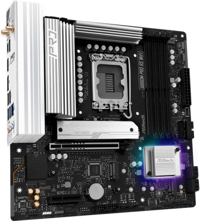 Фото ASROCK B860M PRO RS WIFI, LGA1851, B860, 4*DDR5, 4*SATA, 4*M.2, 6*USB 3.2, 2*USB 2.0, Type-C, 2*PCIx16, 1*M.2 (Key E), HDMI+DP, mATX