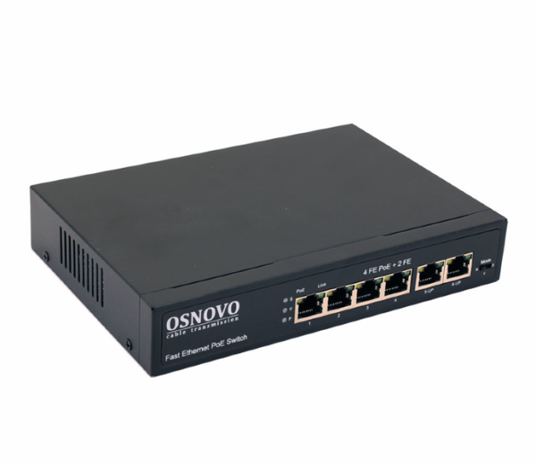 OSNOVO SW-20600(80W) PoE коммутатор Fast Ethernet на 6 RJ45 портов. Порты: 1 x FE (10/100Base-T) с PoE (до 60W, A+B) + 3 x FE (10/100Base-T) с PoE (до 30W), 2 x FE (10/100 Base-T) Uplink. Соответствуе