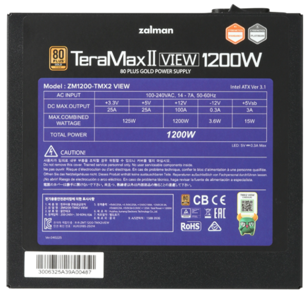 Фото Zalman ZM1200-TMX2 VIEW, 1200W, ATX12V v3.0, APFC, 12cm Fan, 80+ Gold Gen5, Full Modular, side ARGB lights, Retail